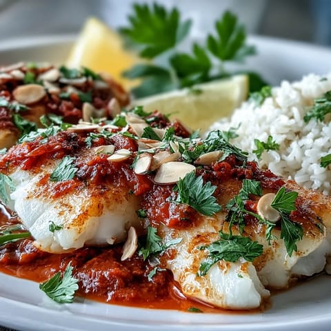 Roasted cod in a zesty tomato sauce topped with crunchy spiced almonds, served on ginger rice.