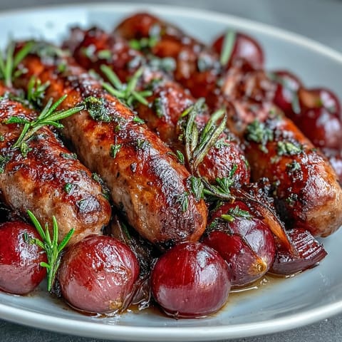A rustic sheet pan of juicy roasted sausage and grapes, with darkened edges and savory aromas, perfect for an easy weeknight dinner.