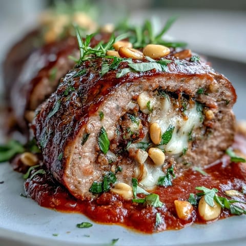 A close-up view of sliced Sicilian-Style Braciole revealing the savory filling of pecorino, pine nuts, and raisins.