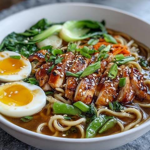 Two bowls of Healthy Miso Chicken Noodle Bowls are garnished with soft-boiled eggs and sesame seeds.