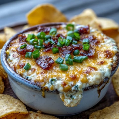 Golden baked Crack Corn Dip topped with bubbly cheese and fresh green onions, surrounded by crispy tortilla chips on a platter.