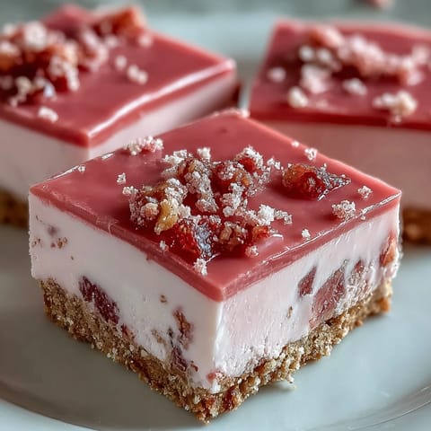 Sweet No-Bake Strawberry Fudge Squares garnished with fresh strawberry slices, ready to be served at a summer dessert party.
