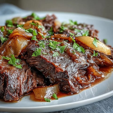 Slices of Savory Crock Pot French Onion Pot Roast served over mashed potatoes with fresh parsley garnish.