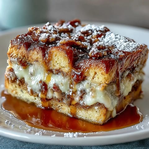 Fresh berries and a fork rest beside a slice of the savory Monte Cristo Breakfast Casserole.