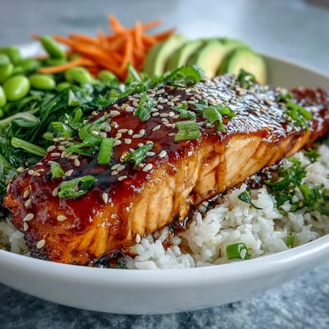 Golden soy ginger salmon fillets glazed and resting beside fluffy white rice, crisp stir-fried bok choy, and bright red bell peppers in a bowl.