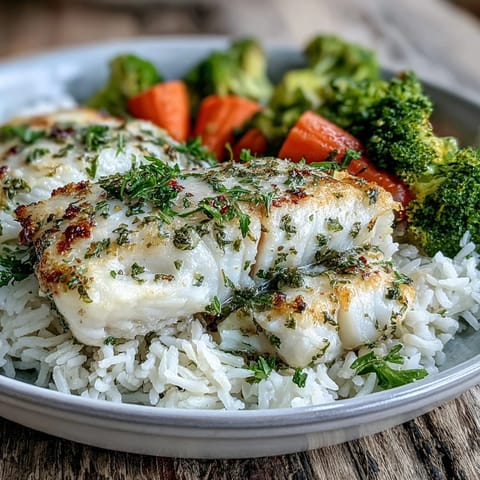 Golden herb-baked tilapia fillets resting on fluffy white rice with vibrant steamed broccoli and carrots.