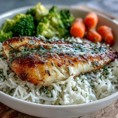 Tender lemon-garlic baked tilapia served over steamed rice and vegetables in a wholesome single-serve bowl.