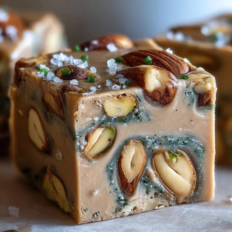 Golden-brown Hojicha Nougat squares have a chewy texture, studded with crunchy nuts and dusted with matcha.