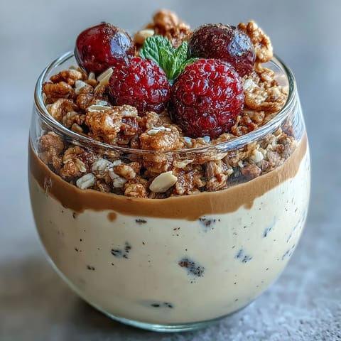 Served chilled, this Japanese fusion dessert features amber tea-infused cream and vibrant red berries.