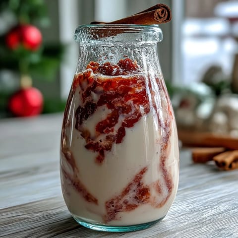 Creamy Guava Coquito garnished with cinnamon sticks, a festive Puerto Rican holiday drink served chilled in small glasses.
