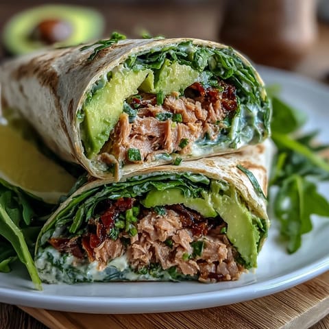 Fresh avocado and tuna salad wrapped in whole wheat tortillas, a quick and healthy lunch idea.