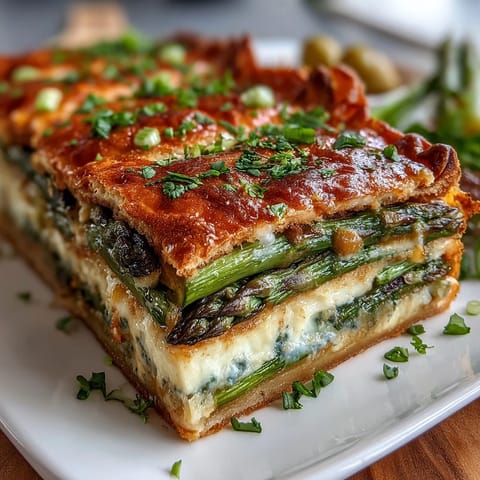 A flaky spring asparagus tart with puff pastry, creamy cheese, and fresh herbs—perfect for brunch or a light meal.
