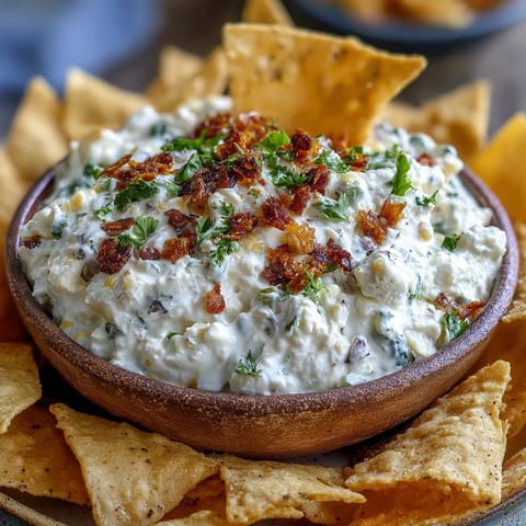 Creamy elote dip with charred corn and cotija cheese served with crispy tortilla chips for a perfect appetizer.  