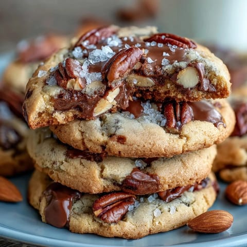 Warm butter pecan cookies with golden-brown edges, toasted nuts, and a sprinkle of flaky sea salt for a rich, nutty treat.