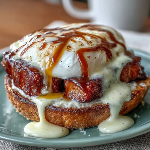 Eggs Benedict with Hollandaise sauce: Poached eggs and Canadian bacon on toasted muffins, topped with rich, creamy hollandaise—classic brunch perfection.