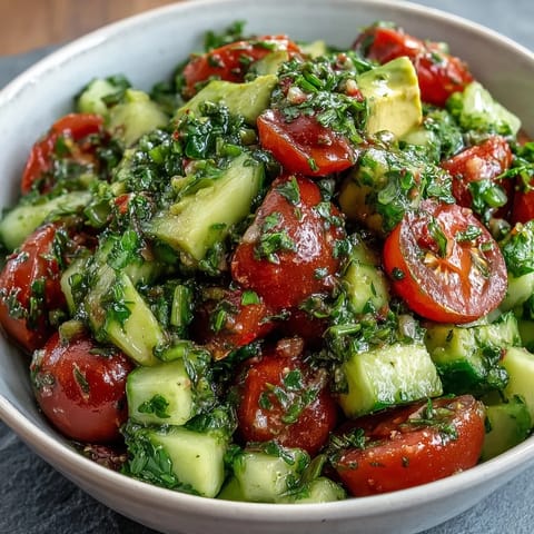 Vibrant cucumber tomato avocado salad with lemon dressing, featuring crisp cucumbers and juicy tomatoes in a bright bowl.