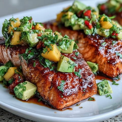 Juicy baked salmon fillets paired with a refreshing mango avocado salsa, ideal for a light and flavorful meal.  