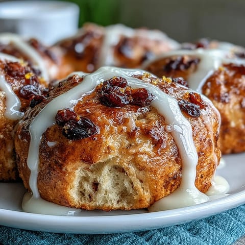 Soft, spiced hot cross buns with currants, topped with a fragrant orange glaze for Easter brunch.  