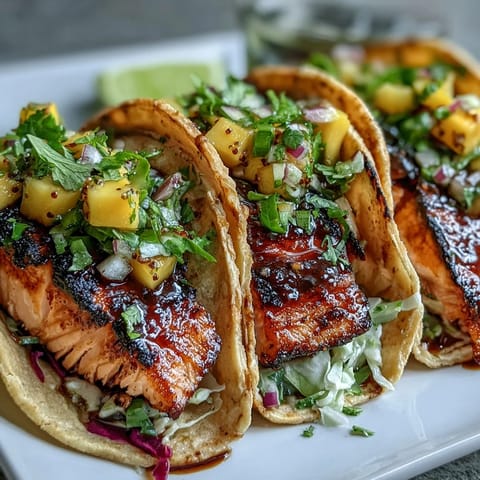 Grilled salmon tacos with mango salsa, featuring tender flaky fish and bright, juicy fruit salsa on warm tortillas.