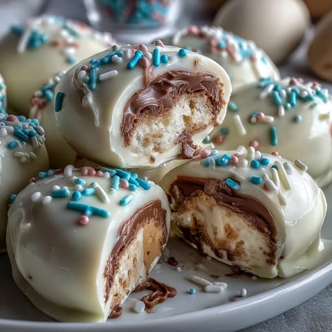Festive white chocolate peanut butter Easter eggs with sprinkles, perfect for holiday dessert tables.  