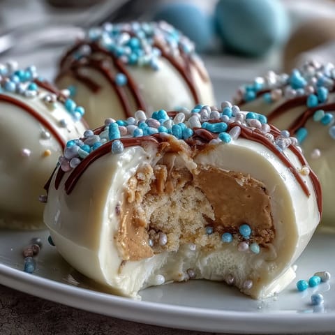 Creamy peanut butter centers dipped in smooth white chocolate and topped with colorful sprinkles for Easter.  
