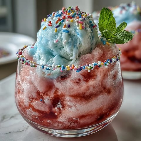 Whimsical cotton candy lemonade float with vanilla ice cream, bright citrus, and fluffy cotton candy for a festive summer treat.