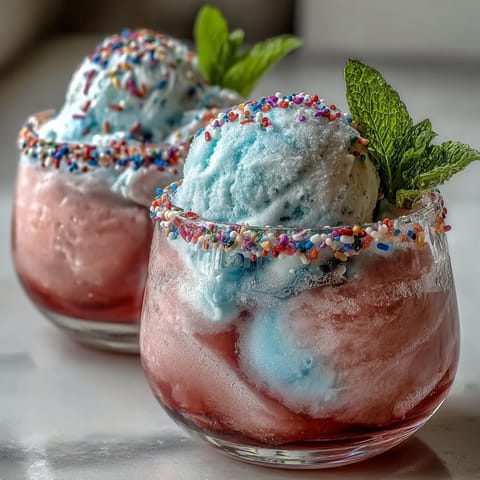 Refreshing cotton candy lemonade float featuring creamy vanilla ice cream melting into sweet, colorful cotton candy-infused lemonade.