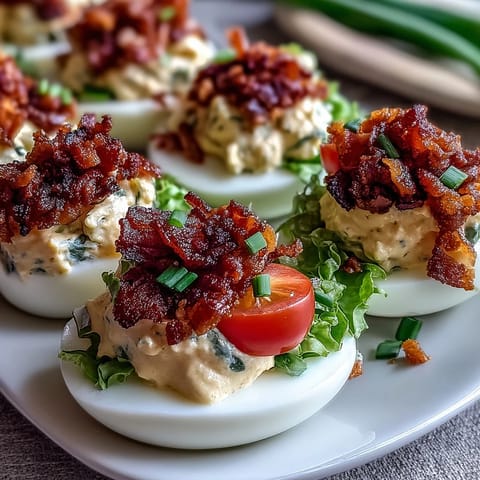 Delicious BLT Deviled Eggs: tangy, mayo-rich yolk filling paired with fresh lettuce, juicy tomatoes, and crispy bacon crumbles for bold flavor.