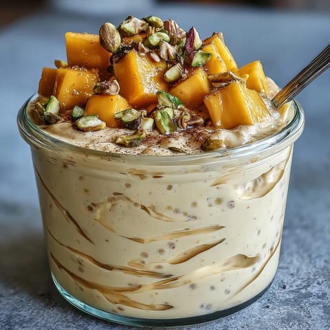 Creamy mango lassi overnight oats with fresh mango and cardamom, perfect for a tropical breakfast.