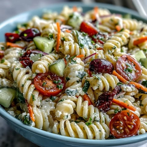 Close-up of Memorial Day Pasta Salad with vibrant, crisp veggies and zesty dressing.