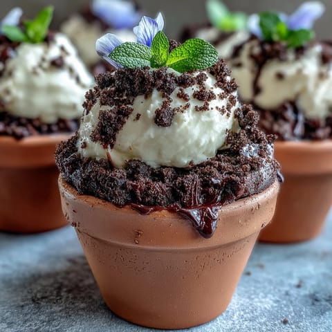 Mother's Day Flower Pot Brownies with Oreo Dirt topped with edible flowers.