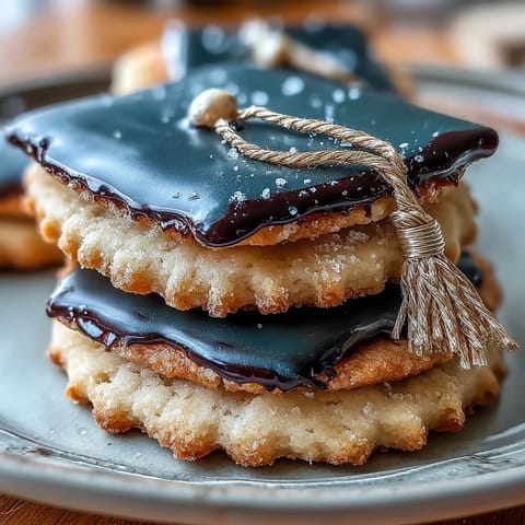 Graduation cookies shaped like diplomas with shimmering gold icing details.