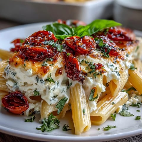 Golden baked feta pasta dish with vibrant red tomatoes, a delicious family meal.