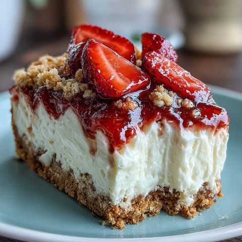 Strawberry cheesecake bars with creamy filling and fresh strawberry topping on a buttery graham cracker crust.  