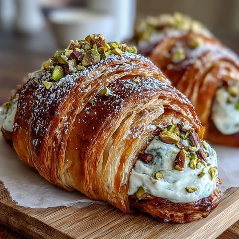 Flaky, golden croissants filled with creamy pistachio cream and topped with chopped pistachios, perfect for brunch or dessert.