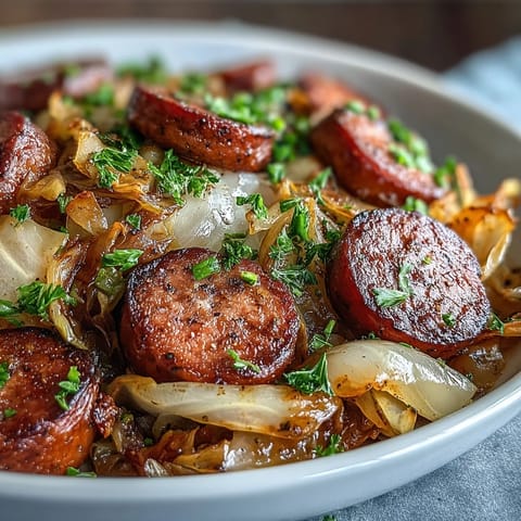 Cabbage and Sausage Skillet with smoky sausage and tender cabbage in a tangy mustard sauce, perfect for a comforting weeknight meal.