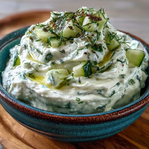 Close-up of Skyr Tzatziki Dip, a refreshing Mediterranean-inspired healthy snack.
