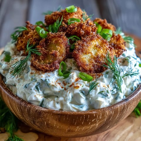 Creamy fried pickle dip, a tangy appetizer topped with golden fried pickles.