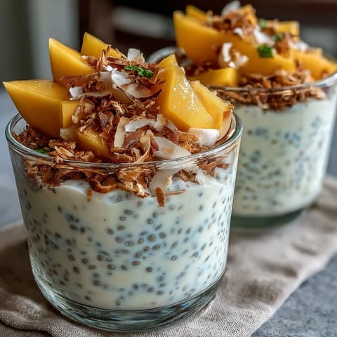 Creamy Skyr Protein Chia Pudding with vibrant mango swirls topping.