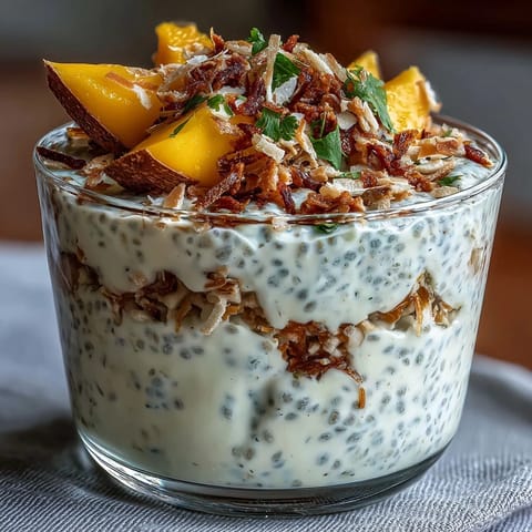 Skyr Protein Chia Pudding with sweet mango pieces and tropical garnish.