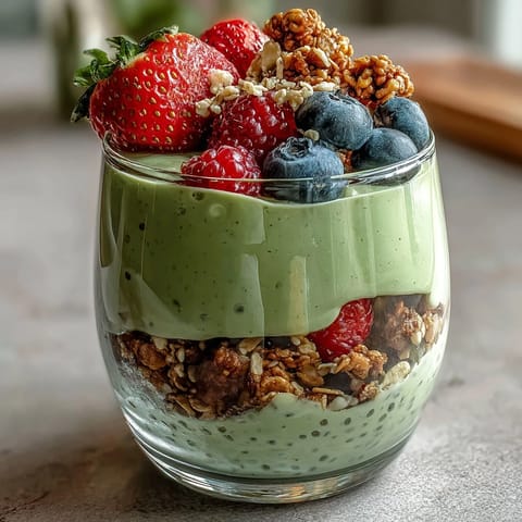 Creamy Fiber-Rich Avocado Chia Pudding Parfait layers, topped with crunchy granola.