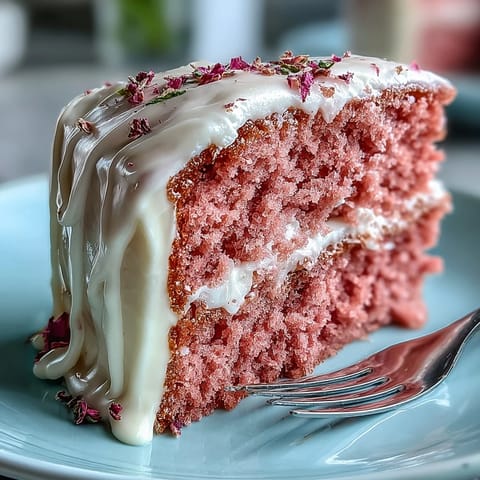 Soft pink rosé velvet cake, frosted and glistening with edible gold shimmer.