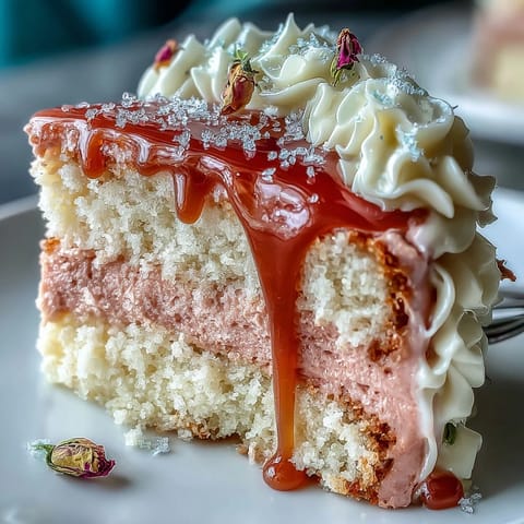 Beautiful pink rosé velvet cake, perfect for celebrations, gleams with golden frosting.