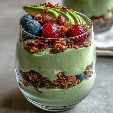 Close-up of Fiber-Rich Avocado Chia Pudding Parfait with vibrant berries.