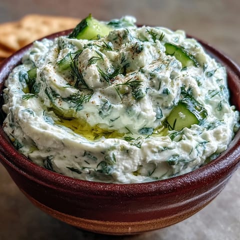 Creamy Skyr Tzatziki Dip with fresh dill and crisp cucumber, a vibrant appetizer.