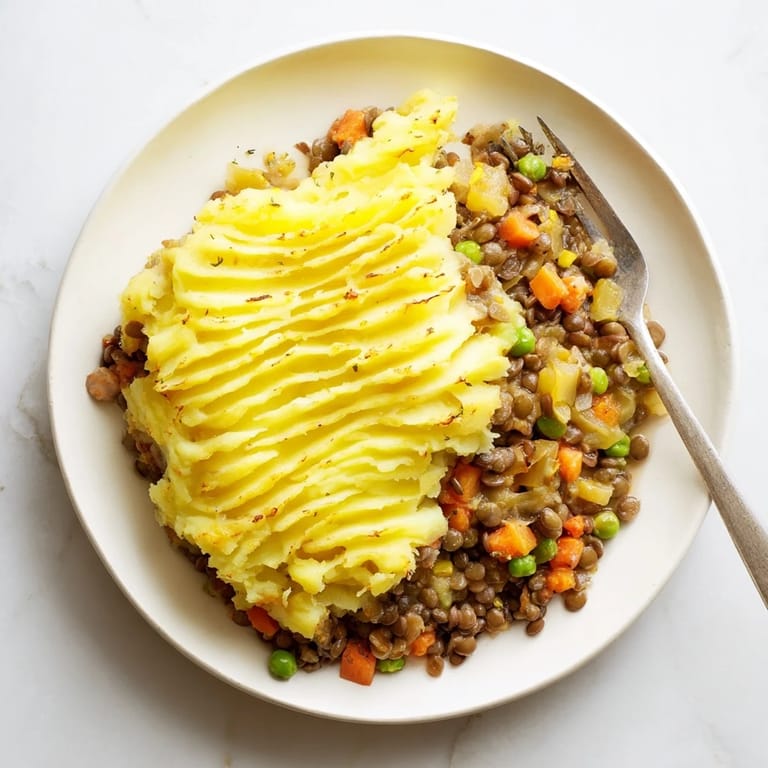 A flavorful and comforting image: a bubbling Hearty Lentil Shepherd's Pie, fresh from the oven.