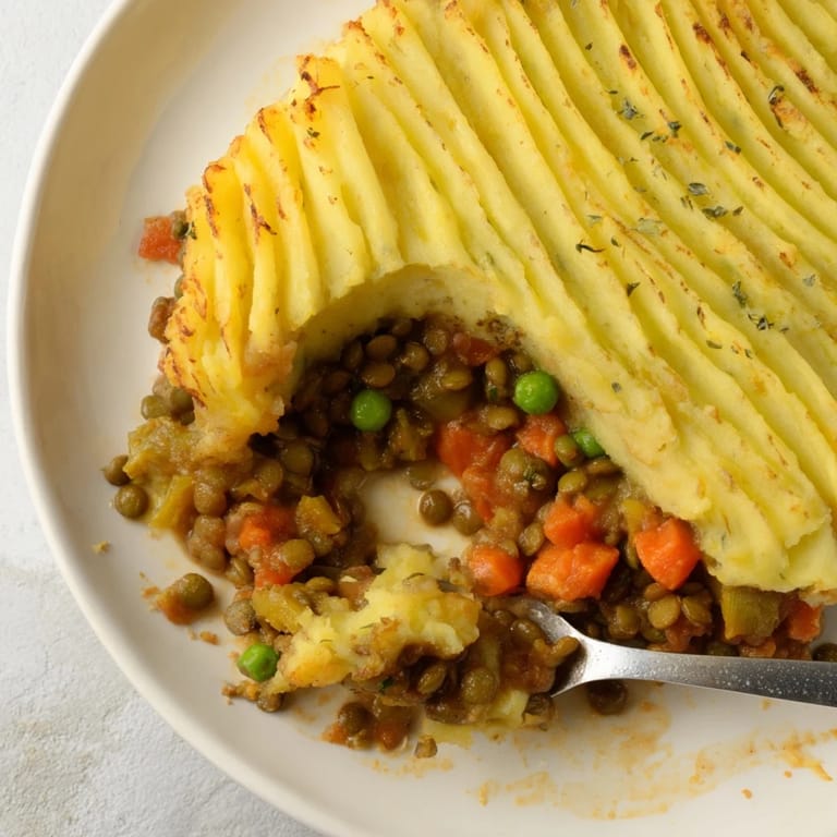 Enjoy a delicious bowl of Hearty Lentil Shepherd's Pie, a vegetarian comfort food classic.