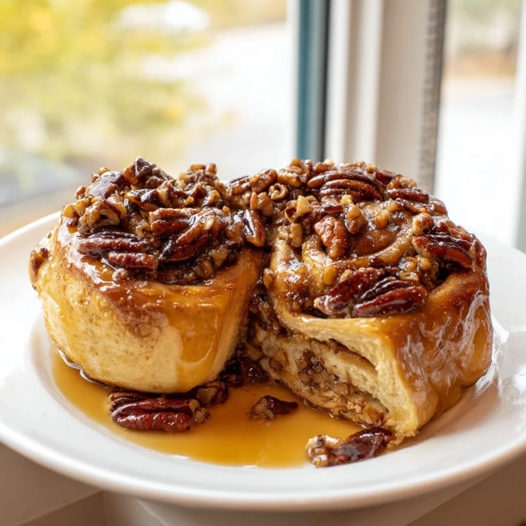 A close-up of warm, soft Pecan and Honey Sticky Buns with a luscious caramel drizzle for dessert.