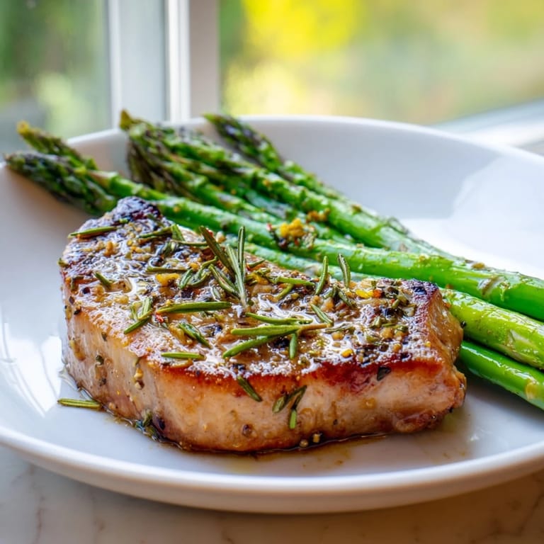 Tender, juicy One-Pan Lemon Herb Pork Chops with Asparagus, showcasing a delicious, simple weeknight dinner.