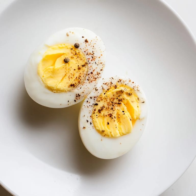 Golden, perfectly cooked perfect hard-boiled eggs presented on a plate, ready to be sliced for a salad.